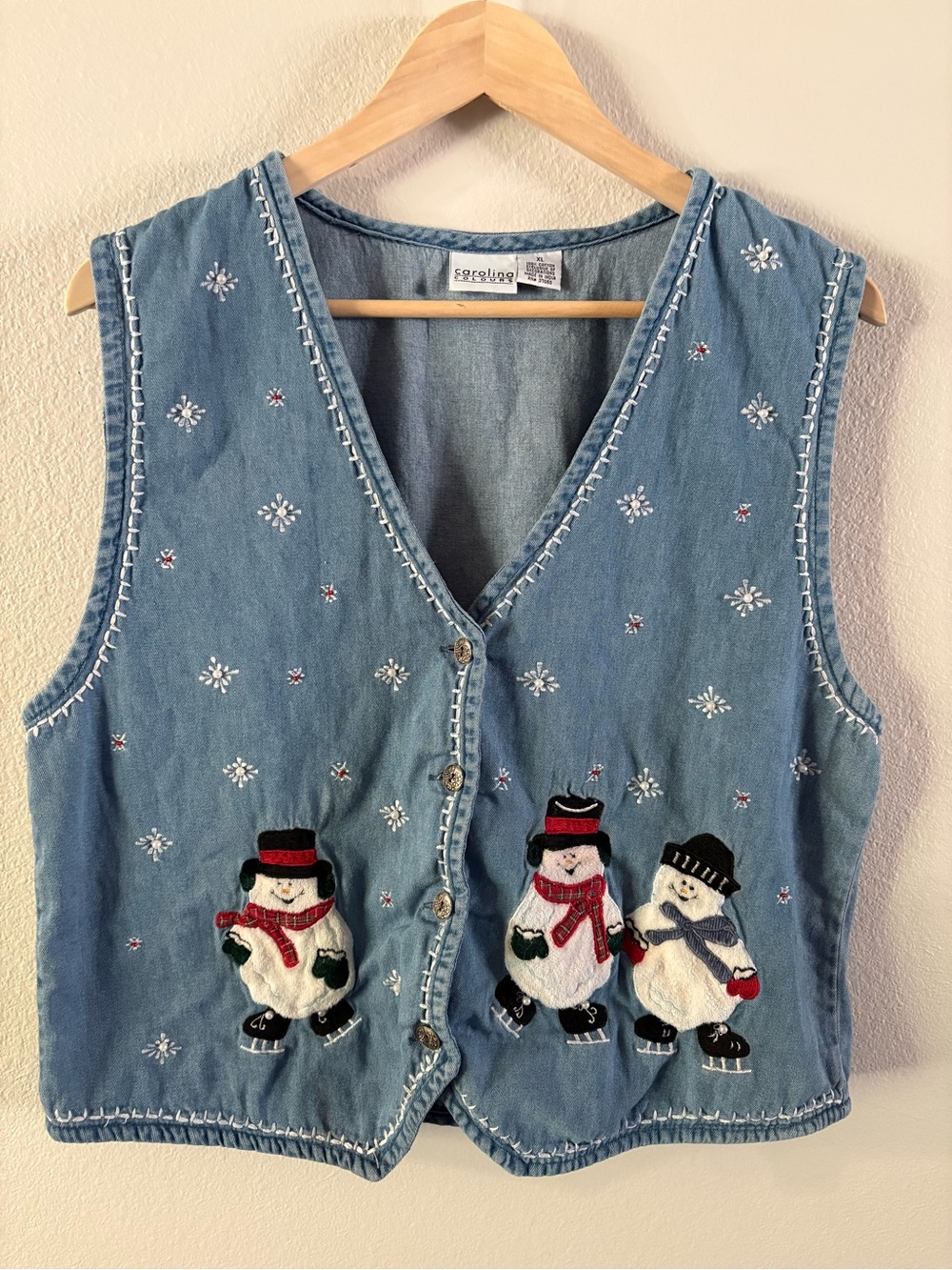 90s Butter mom denim embroidered snowmen vest Ugly Sweater Vintage XL